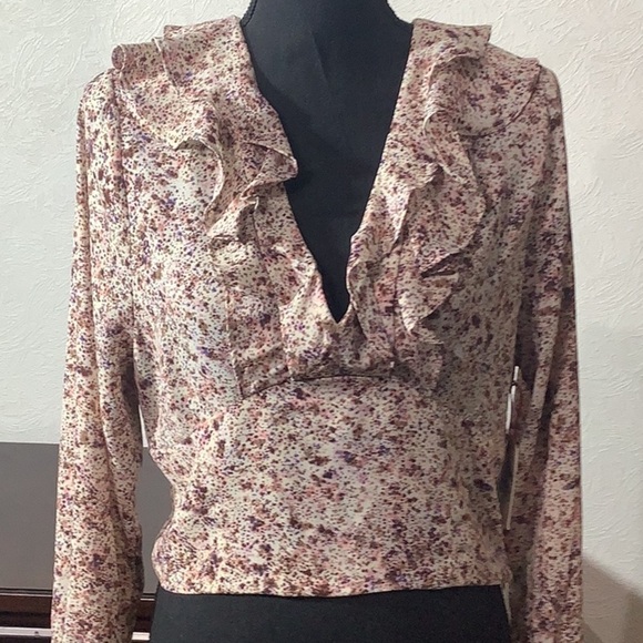 Open Edit NEW -Sz L - floral deep ruffled tiered plunge crop flowy ballon blouse - Picture 6 of 7